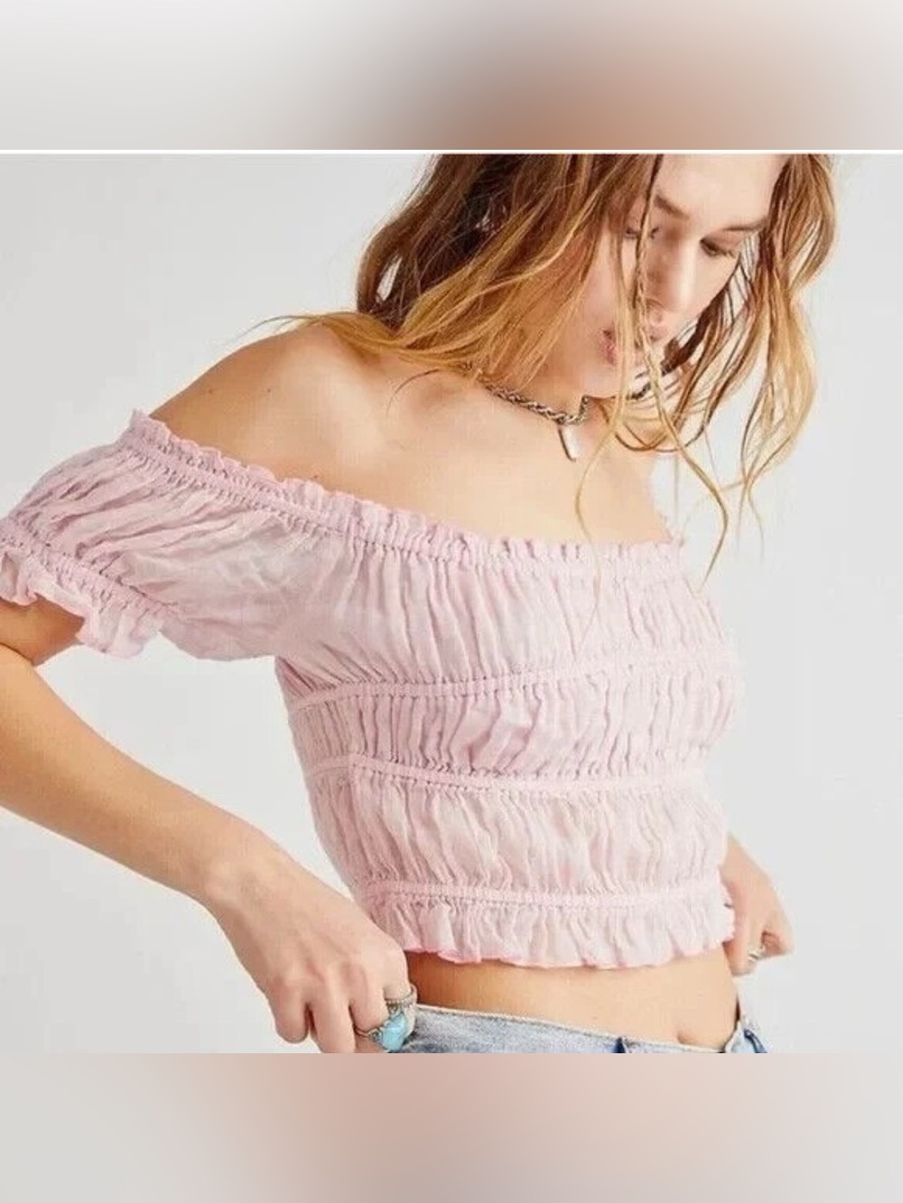 Free People FP One Cheri Top Smocked Cropped Pink Petal Off The Shoulder L NEW